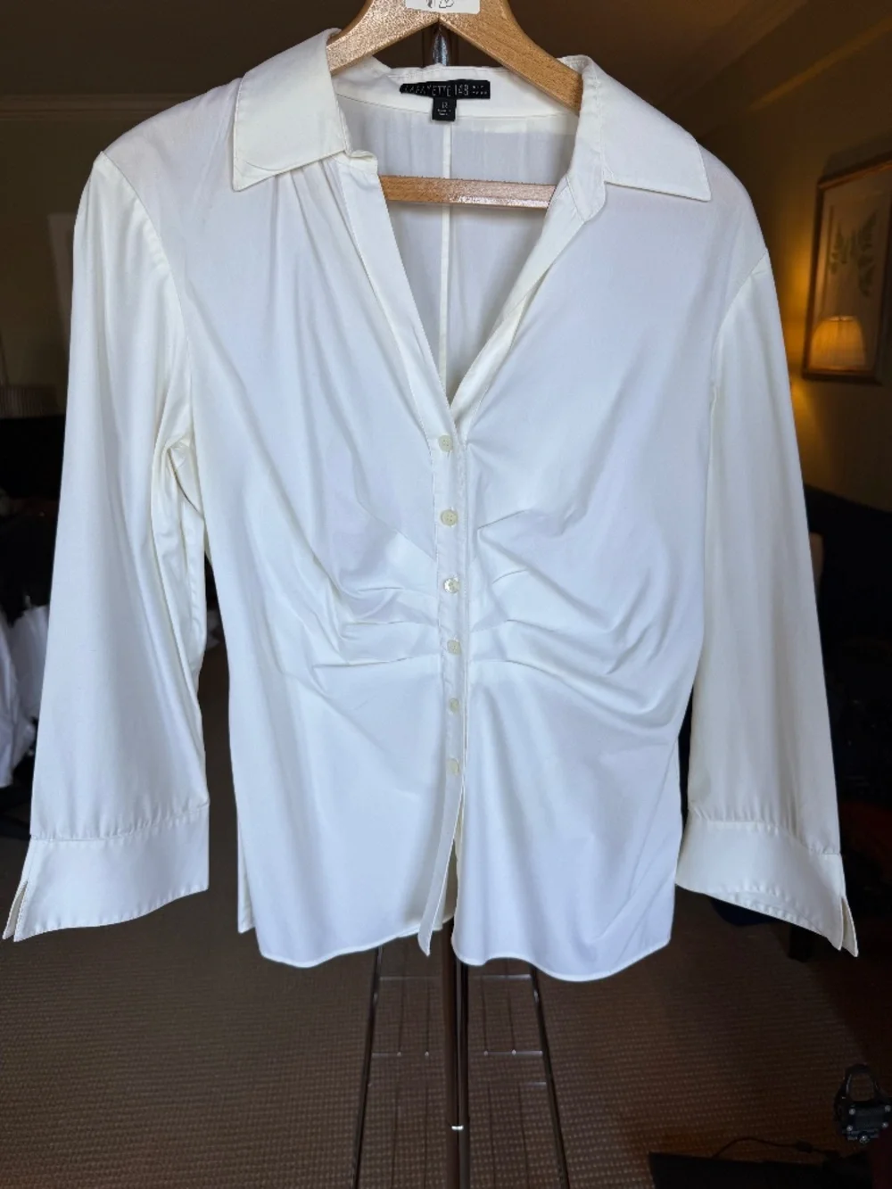 Lafayette 148 White Stretch Cotton Blouse - Ruched Front & Flared Cuffs - Picture 1 of 8